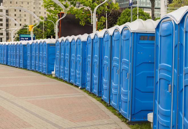 Seasonal porta potty units set up at a Pittsburg, California venue